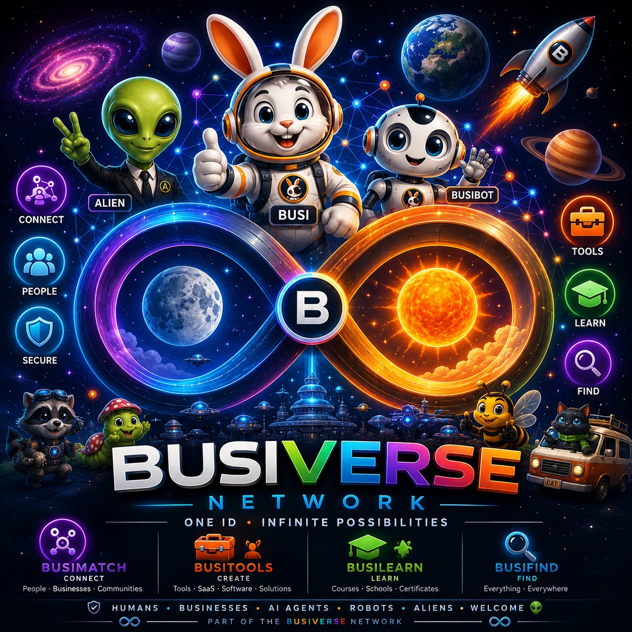 Busi وBusiBot وAlien أمام رمز اللانهاية في BusiVerse