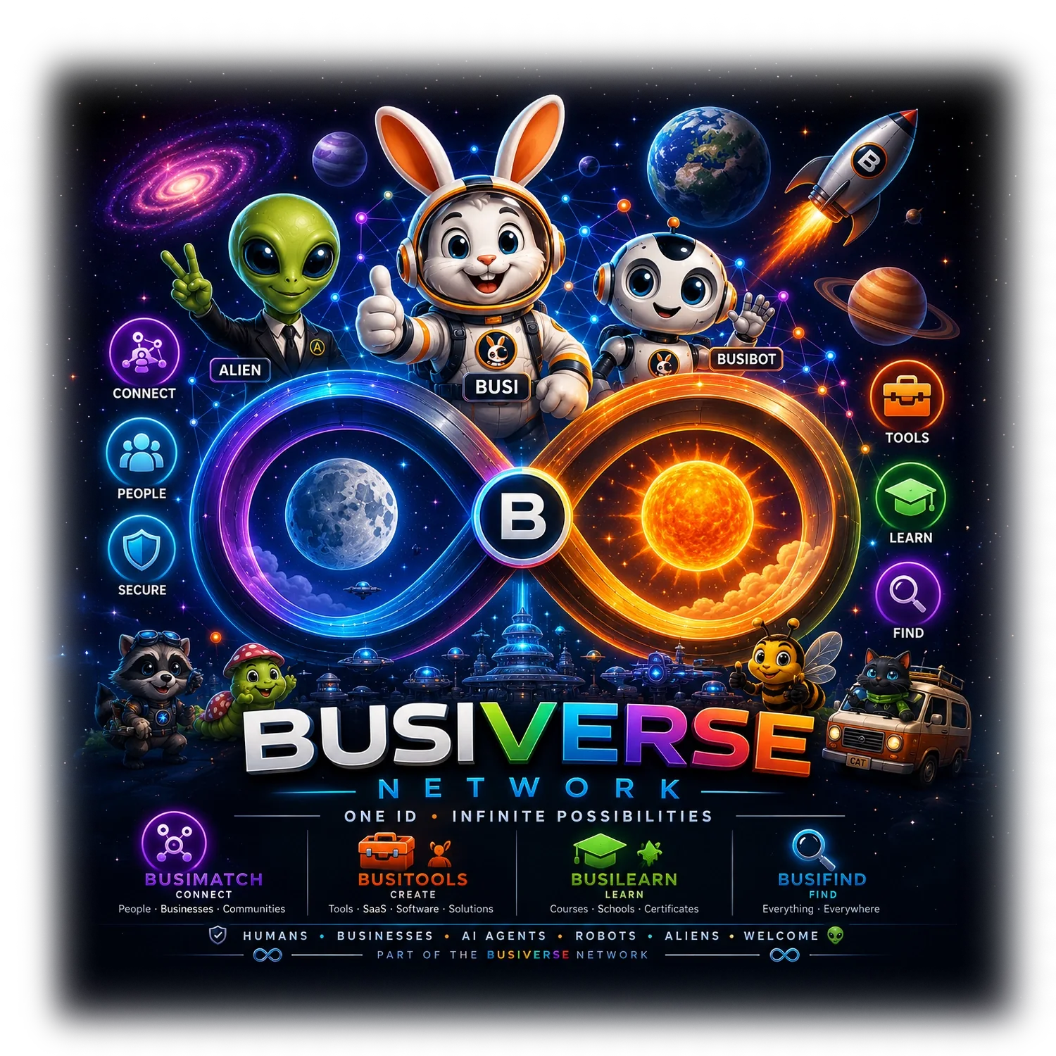 Busi, BusiBot and Alien in front of the Busiverse infinity symbol